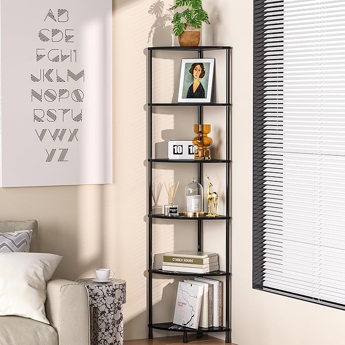 Book Shelf Corner Shelf, 6 Tier Corner Bookshelf Display for Living Room Decor, 54.4" Standing Shelves Bookcase Organizer, Marble Black Storage Shelves for Bedroom, Bathroom, Small Space