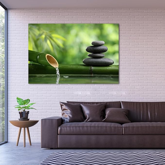 GUTTATY Zen Wall Art Decor, Modern Bathroom Zen Decor Wall Art, Large Canvas Wall Art for SPA Zen Room Decor, Green Bamboo and Pebble Relaxing Zen Art Prints for Office & SPA Wall Decor 32x48 Inches