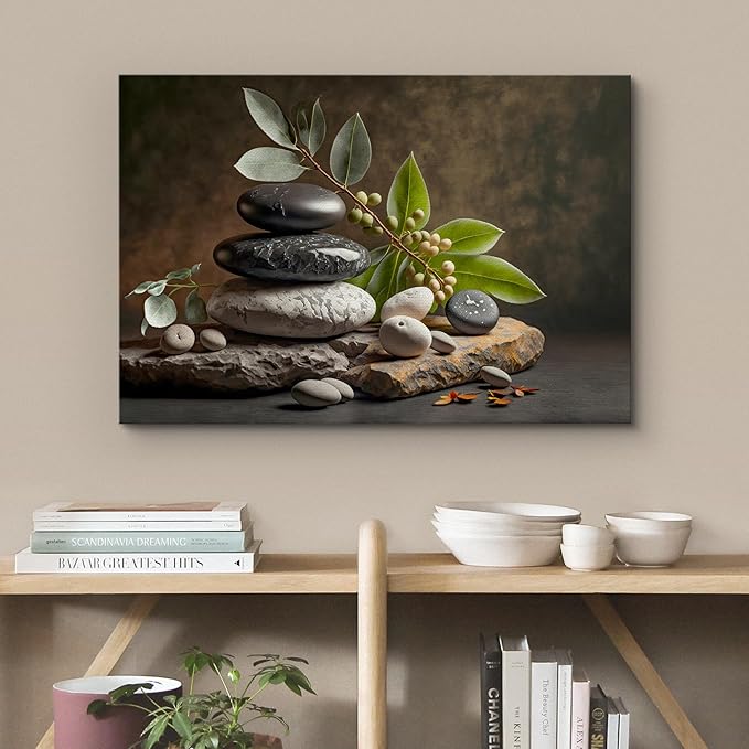 wall26 Canvas Print Wall Art Zen Massage Stone Pebble Bamboo Leaf Nature Wilderness Photography Realism Modern Art Decorative Multicolor Rustic Minimal Relax/Calm/Cozy Colorful for Bedroom - 16"x24"