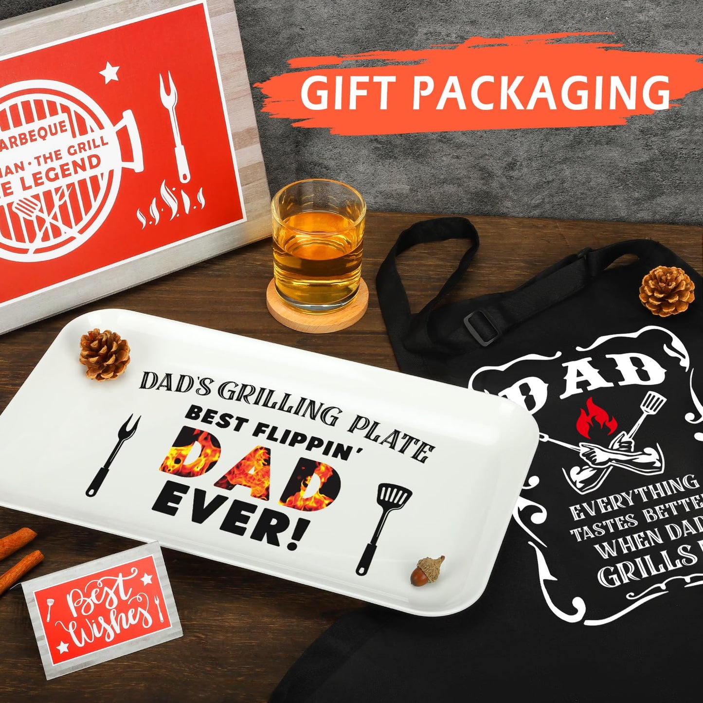 Fathers Day Dad Gifts from Daughter Son, Personalized Grilling Platter & Apron Set Birthday Gifts for Dad Papa Bonus Step Father in Law, Cool Grill BBQ Serving Tray Gift for Daddy Father's Day
