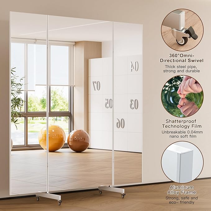 brisafe 67"x63" Folding Mirror with Wheels, 3-Panel Full Length Wall Mirror, Space-Saving Design, Shatterproof Nano Material, Portable Floor Mirror for Gym, Dance Studio, Home, Commercial Use, Silver