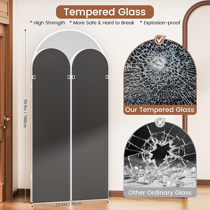 3 Way Arched Full Length Mirror Free Standing, 71"x 67" Large Modern Trifold Mirror, 3-in-1 Detachable Panel Tempered Glass & Metal Frame, for Dressing Room, Bridal Shop, Clothing Store (White)