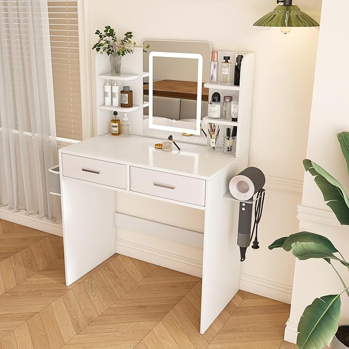 Small Makeup Vanity Desk with Mirror and Lights, Vanity Table Set with 2 Storage Drawer & Open Shelves, 3 Lighting Colors, Adjustable Brightness Makeup Vanity, White