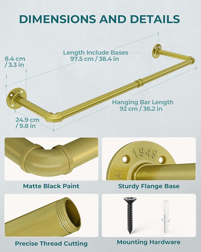 OROPY Industrial Pipe Clothes Rack Wall Mounted Set of 2, 38.4 inches Heavy Duty Iron Pipe Clothing Garment Rail, Multi-Purpose Clothing Hanging Rod for Laundry Room and Closet Storage, Gold