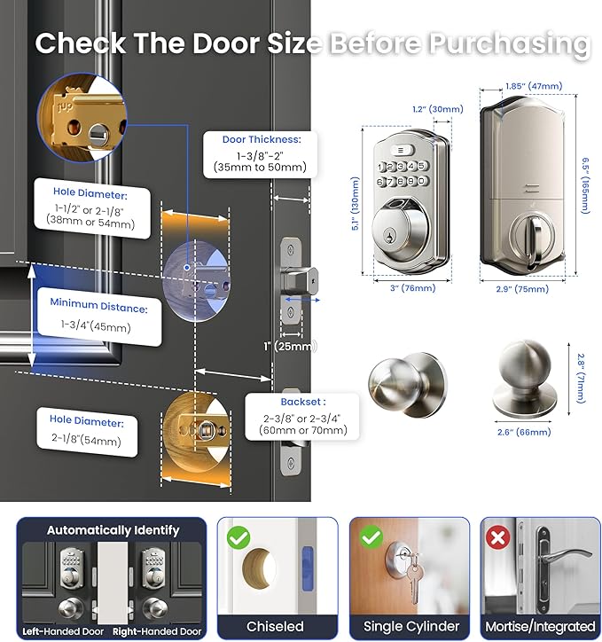 Veise VE012W-K Built-in WiFi Fingerprint Smart Lock with 2 Knobs, No Hub Needed, Remote APP Control, Keyless Entry Door Lock, Smart Deadbolt for Front Door, Auto Locking, Satin Nickel