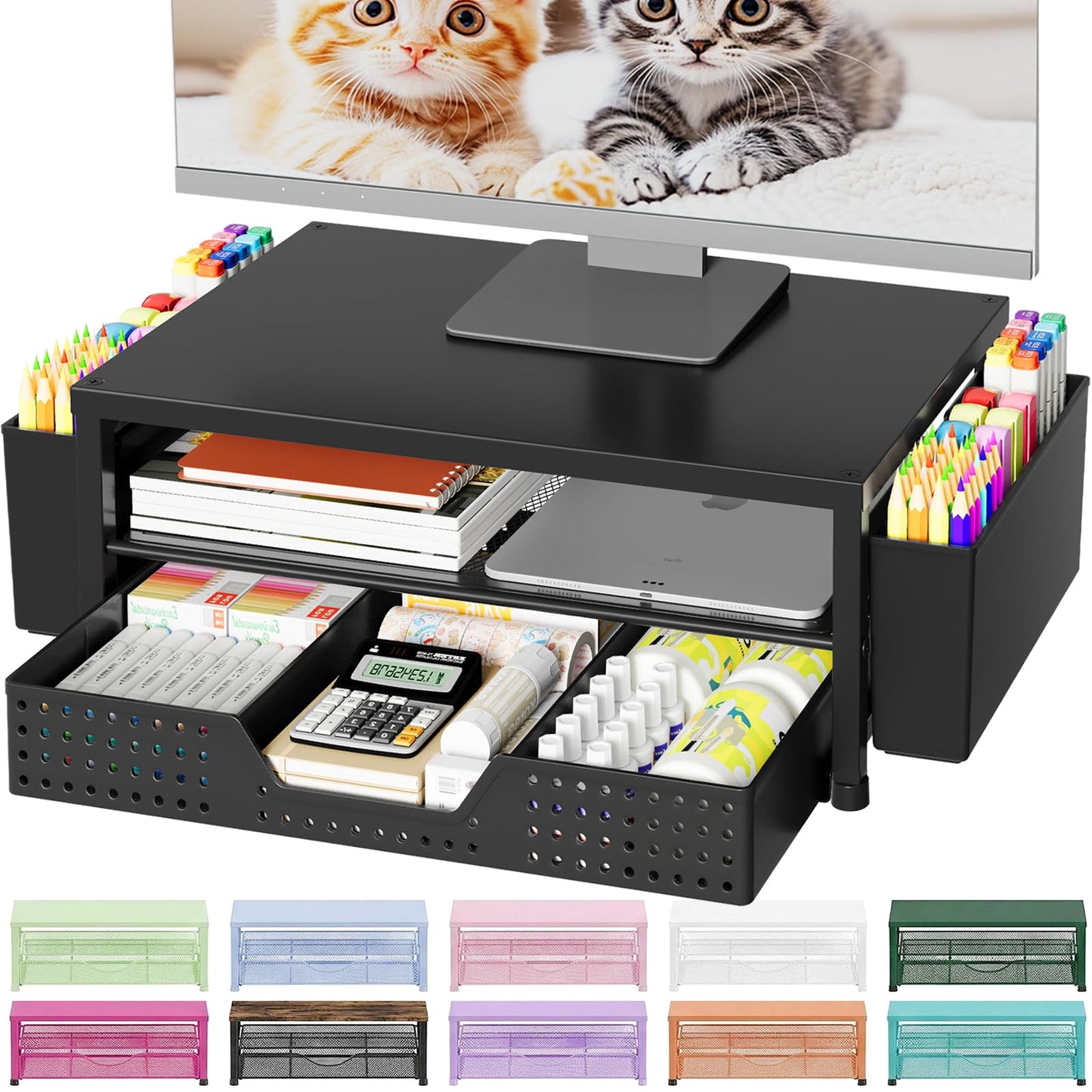 OPNICE Desk Organizers and Accessories, Computer Monitor Stand Riser with Drawer and 2 Pen Holders, Printer & Laptop Stand, Office Desk Accessories & Workspace Organizers for Home Office Supplies, Black