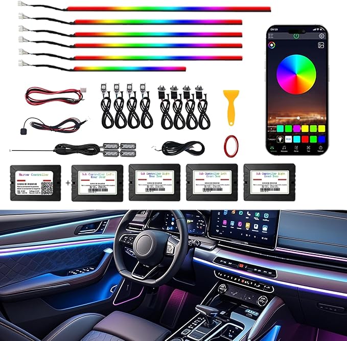 RGB 18 in 1 Interior Car LED Strip Light with Wireless APP,16 Million Interior Lights Car Dreamcolor Acrylic Ambient Lighting 600 LED Music Sync Neon Lights Kits (18 in 1 Set + App Control)