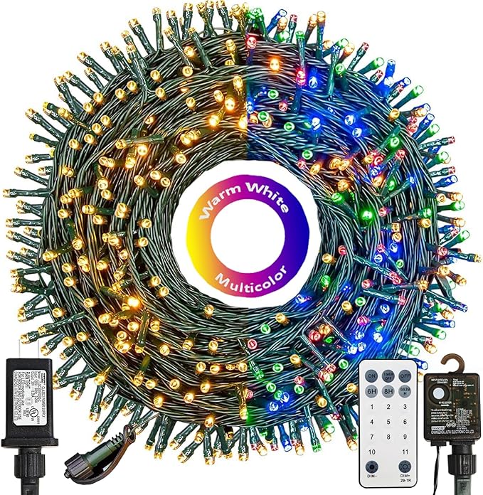 Decute 300LED Christmas Tree Lights Outdoor Indoor String Lights 108FT Extendable, 11 Modes 4 Colors Changing Waterproof Twinkle Fairy Lights Party Decor with Timer Remote(Warm White & 3 Multicolors)