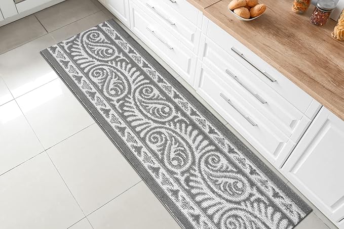 Custom Length Cut to Size Tribal Ethnic Southwestern Inspired Hallway Runner Rug, Non Slip Rubber Backed, 31 inch Wide X Customized Length, Mayan Grey, 31 inch X 12 feet