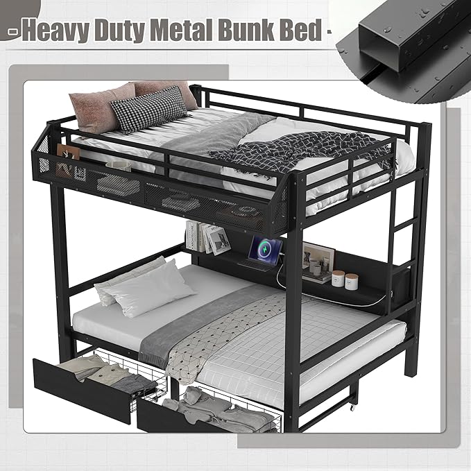 Bellemave Metal Full Over Full Size Bunk Bed Frame with Storage Drawers and Shelves,Heavy Duty Kids Bunk Beds with LED Lights and Charging Station for Teens,Adults,Convertible into a Sofa Bed,Black