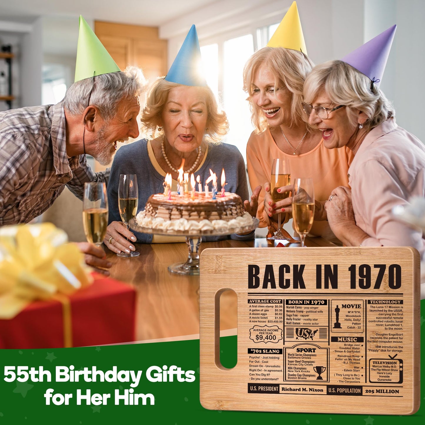 55th Birthday Gift for Women Men,55 Year Old Birthday Gifts for Her Him,55 Years Gifts for Mom Dad Grandparents Wedding Anniversary,Back in 1970 55s Birthday Decorations Engraved Bamboo Cutting Board
