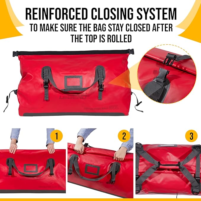 LEGEND Waterproof Duffel Bag - Heavy Duty Duffle Bag for Outdoor, Camping, Boating & Travel, Premium PVC Dry Duffel Bag, Motorcycle Dry Bag with Durable Strap & Handles with Large Storage - 80L Red