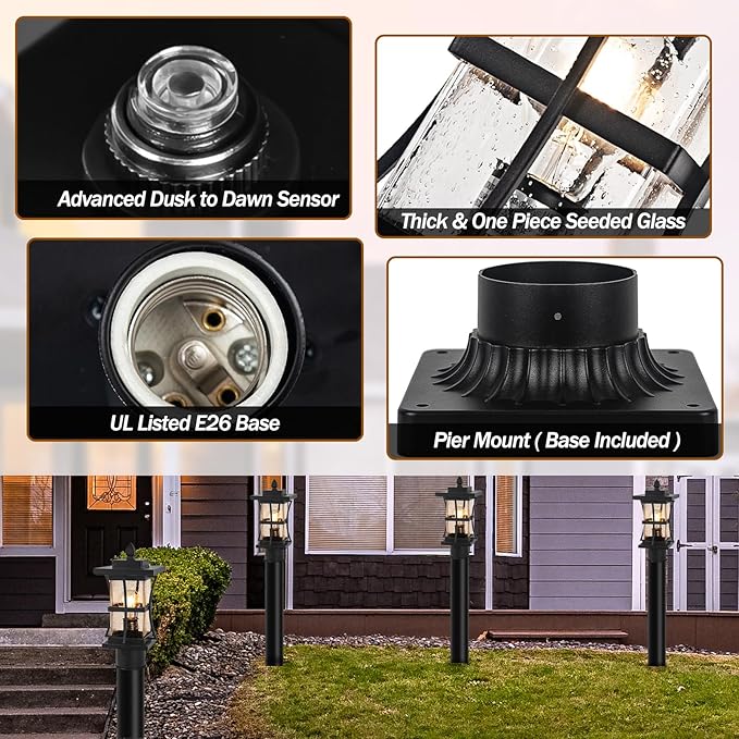 Dusk to Dawn Outdoor Post Light Fixture with Pier Mount Base - Black Outdoor Pole Lighting, Waterproof Pillar Lantern, Modern Outside Column with Seeded Glass for Pathway, Garden, Patio, Anti-Rust