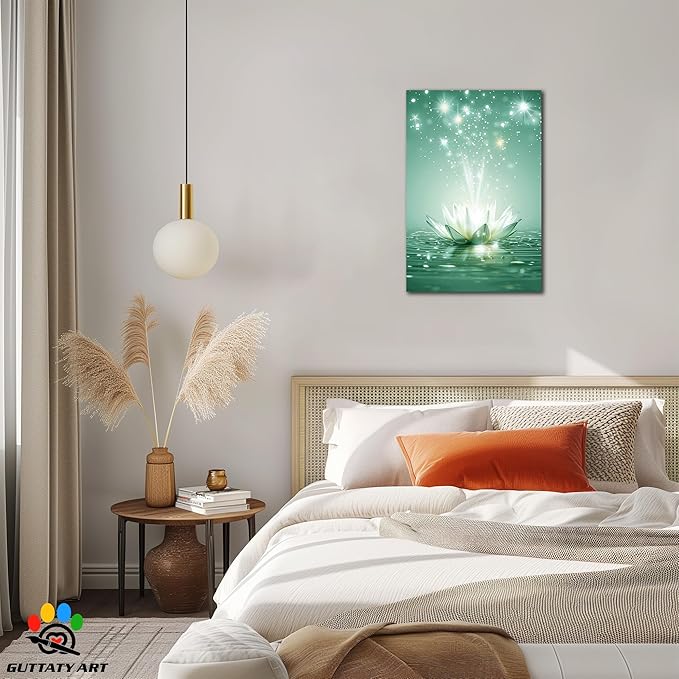 Zen White Lotus Flower Canvas Wall Art, Lotus Floral Pictures Wall Print, Spiritual Water Lily Canvas Prints, Lotus Bloom on Water Poster, Zen Meditation Spiritual Artwork for Yoga Spa Room 24x36 inch