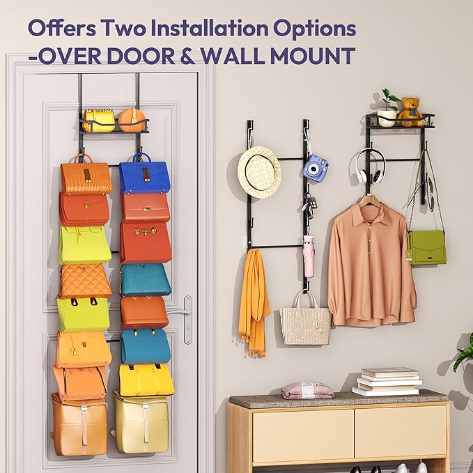 SWTYMIKI Over The Door Purse Organizer - Wall Mounted Purse Rack with 16 Hooks and Metal Basket, Hanging Handbag Storage Organizer Holds up to 16 Bags, Bag Rack Can Use As 1/2 Part, for Door, Closet
