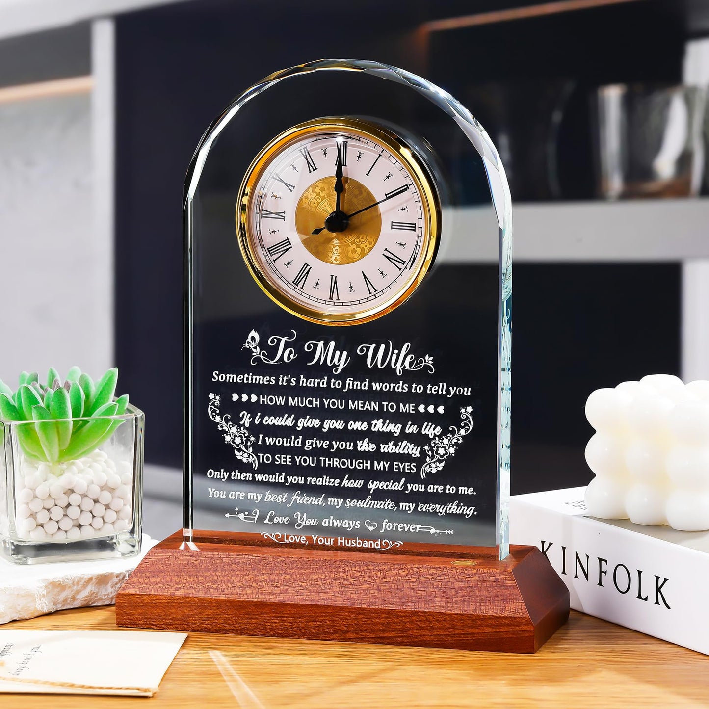 Arikyrist Glass Clock Gifts for Wife from Husband with Wooden Light Base, Personalized Gift for Wife Who Has Everything on Birthday Valentine's Day, Presents for Her on Christmas Home Desk Clock