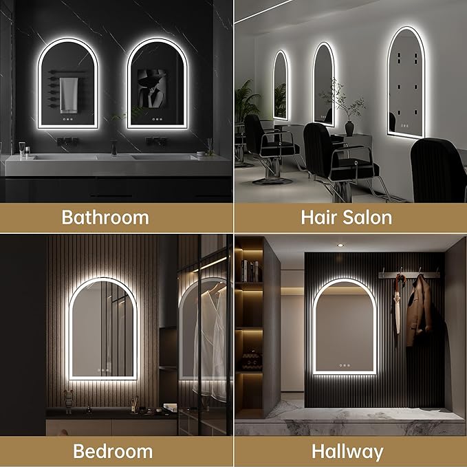 Arched LED Mirror for Bathroom 24"x36"- Frameless Lighted Bathroom Mirror with Lights, Fogless, Dimmable, 3 Color Changing, Shatterproof, Touch Sensor
