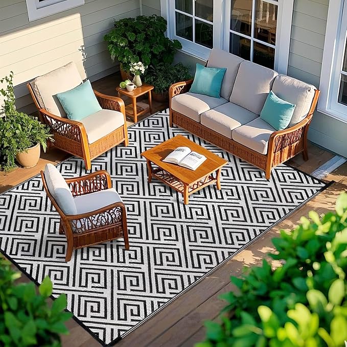 Outdoor Patio Plastic Straw Rug - 5'x8' Outdoor Camping Rug Waterproof Reversible, Area Carpet Patios Clearance RV, Outside Porch Balcony Deck for Camper, Stripe Black & White