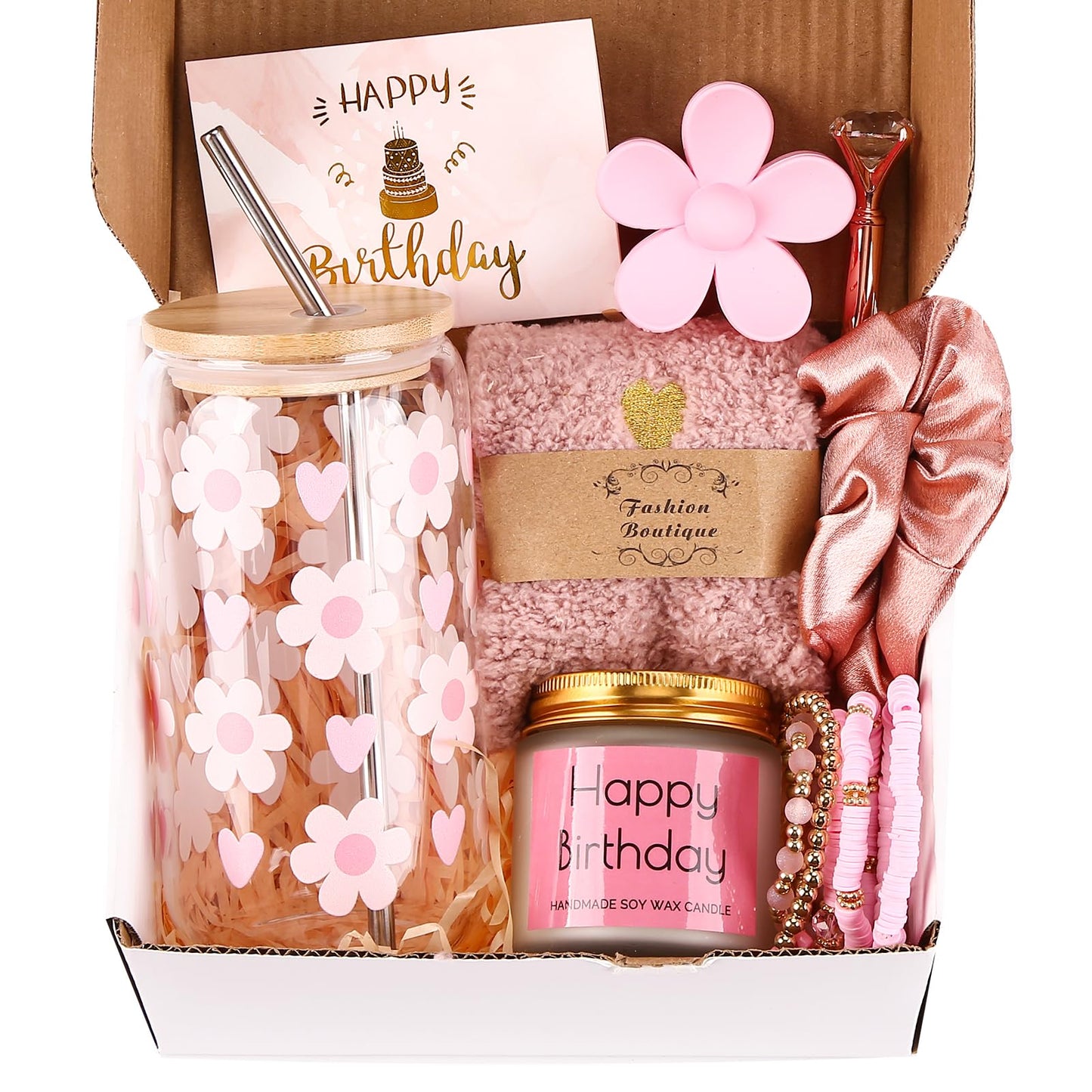 Birthday Gifts for Teen, Cute Inspirational Gift Daisy Presents Set Ideas for Sister Daughter Friends, Happy Birthday Gift Basket with Ice Glass Cup for Her (Pink)