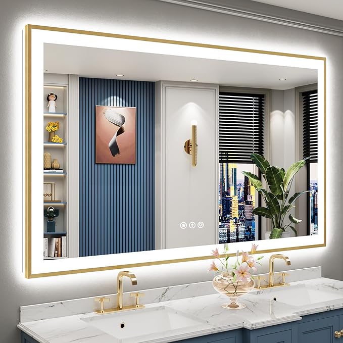 66x40 Gold LED Bathroom Mirror with Lights, Brushed Gold Framed Backlit and Front Lit Anti-Fog Lighted Vanity Mirrors for Bathroom Wall, Dimmable, 3 Colors, Memory, HD Tempered Glass, CRI＞90