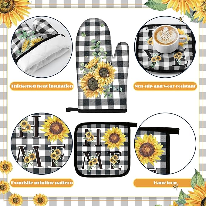 Fourluoo 10 Pcs Sunflower Kitchen Decor 4 White and Black Buffalo Plaid Kitchen Towels 2 Buffalo Check Pot Holders 2 Rustic Sunflower Oven Mitts 2 Yellow Rugs for Cooking Baking Mom Housewarming Gift
