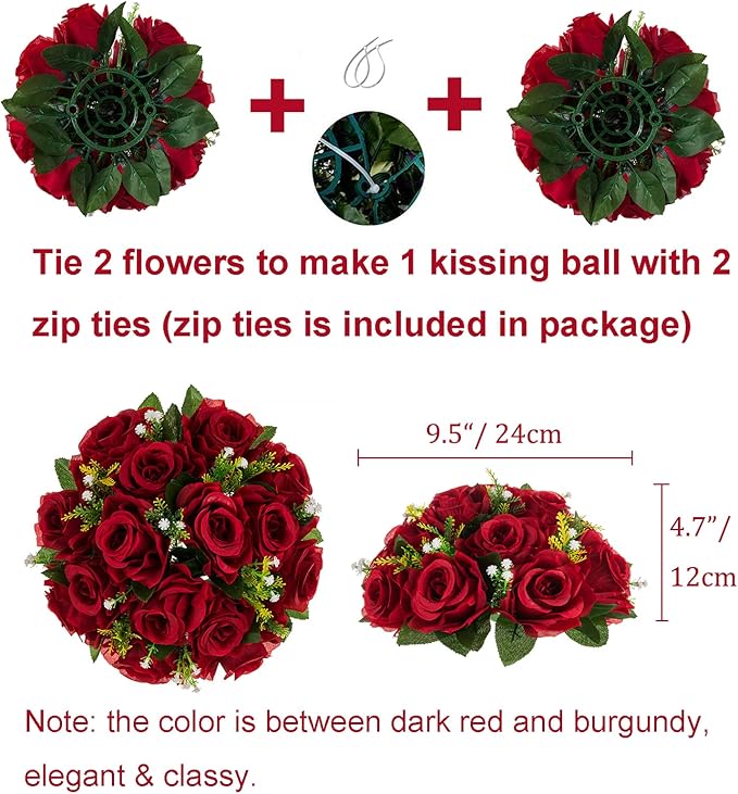 BLOSMON Flower Centerpieces for Tables Wedding: 10 Pcs Crimson Red Artificial Rose Flowers Balls Decoration - 9.5 Inch Fake Silk Kissing Floral Arrangement for Home Party Event DIY Decor