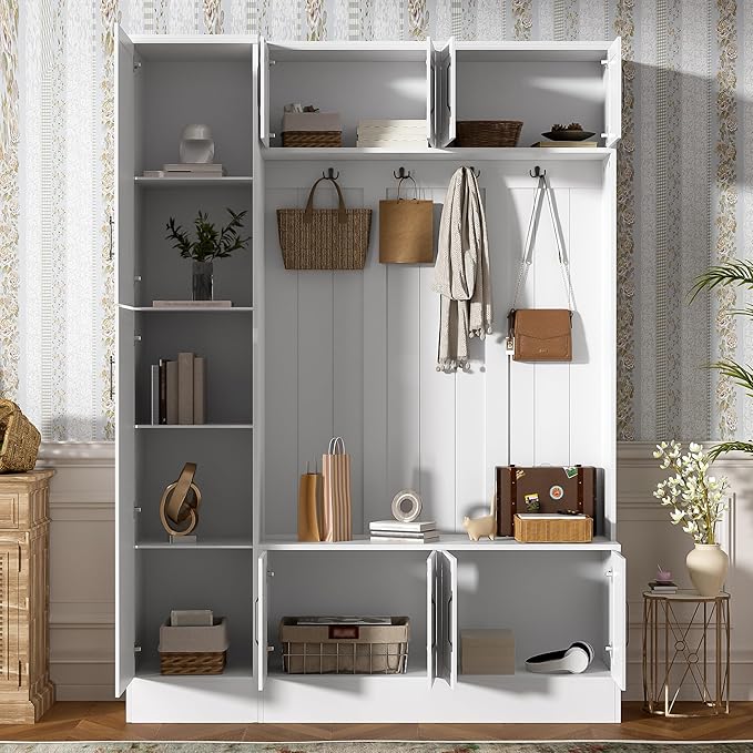 79'' Tall Modern Hall Tree with Shoe Storage and 4 Coat Hooks, 4-in-1 Entryway Bench with 6 Cabinets and Adjustable Shelf for Hallway, Living Room (White/33f)