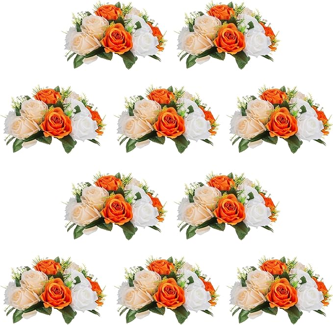 NUPTIO Flower Ball Arrangement Bouquet - 10 Pcs 9.5 inch Diameter Orange Fake Flowers Roses Balls for Centerpieces Tables - Artificial Rose Arrangements for Wedding Centerpiece Table Decorations