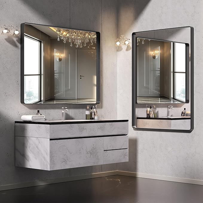 Hasipu Black Bathroom Mirror for Wall, 48 x 24 Inch Metal Framed Bathroom Mirrors for Over Sink, Rectangle Bathroom Vanity Mirror, Anti-Rust, Tempered Glass, Horizontal or Vertical