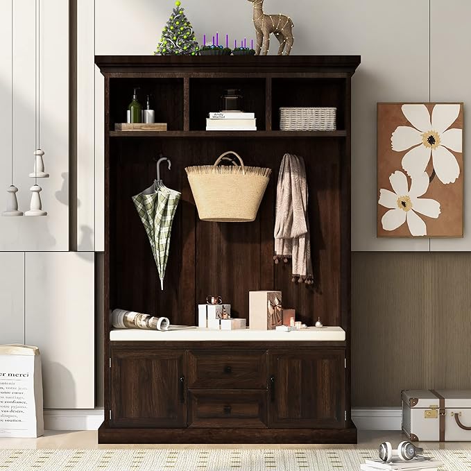 RUNNA Wooden 3-in-1 Hall Tree with 2 Cabinet and 2 Drawers,3 Open Shelves and 3 Hooks,Coat Hanger and Storage Bench,for Livingroom Hallway Entryway Use (Tiger@Hanger)