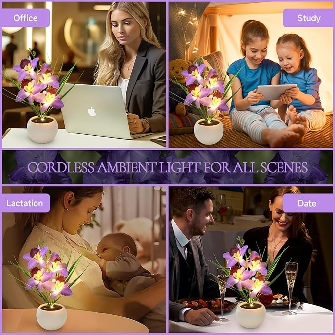 Artificial Flower Night Light, Touch Stepless Dimming USB Rechargeable Orchid Flower with Vase Lamp, LED Table Lamp Decorative Landscape Lights for Festival Party Home Decor (Purple)