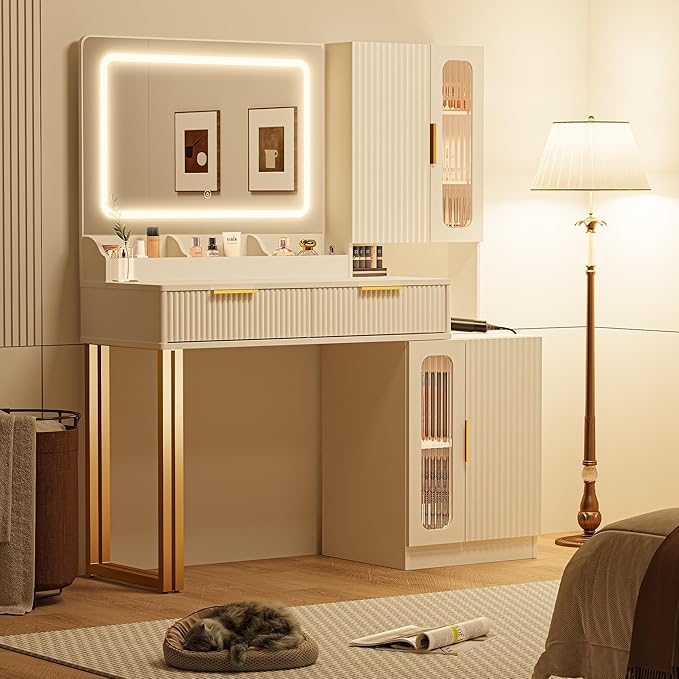 44" Modern Makeup Vanity Desk with Mirror and Lights, Makeup Vanity with 5 Shelves& 2 Drawers and Cabinet, Vanity Table with Power Outlet, 3 Color Adjustable Lighting Dressing Table Set for Bedroom