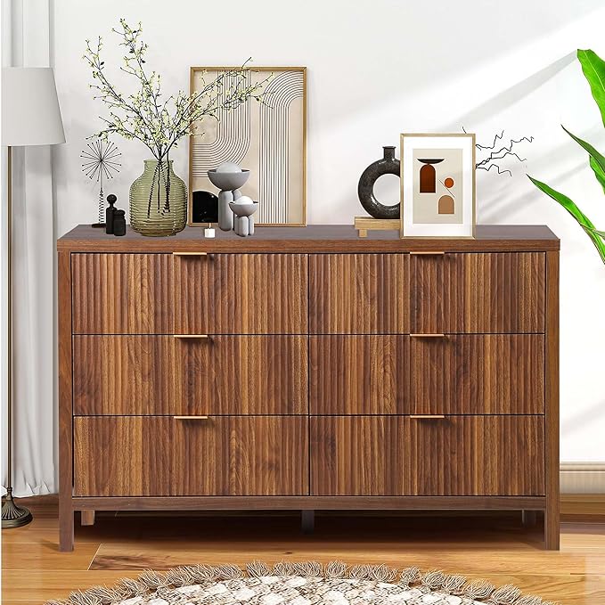Fluted 6 Drawer Double Dresser for Bedroom, 47" Wide Modern Closet Dressers Chest of Drawers, Wood Storage Dresser Organizer for Nursery Bedroom Living Room Hallway Closet, Walnut