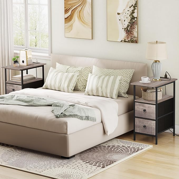 HOOBRO End Table with Charging Station, Narrow Side Table, Nightstand with 2 Non-Woven Drawers, Slim Sofa Side Table, for Small Spaces, Living Room, Bedroom, Greige and Black BG486UBZ01