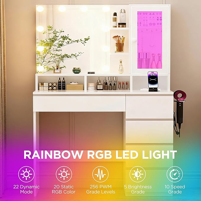 Vanity Desk with LED Lights Mirror, Makeup Table with Power Outlet for Ladies and Girls, 35.43" RGB Light Makeup Desk with 6 Storage Drawers for Bedroom, White 2