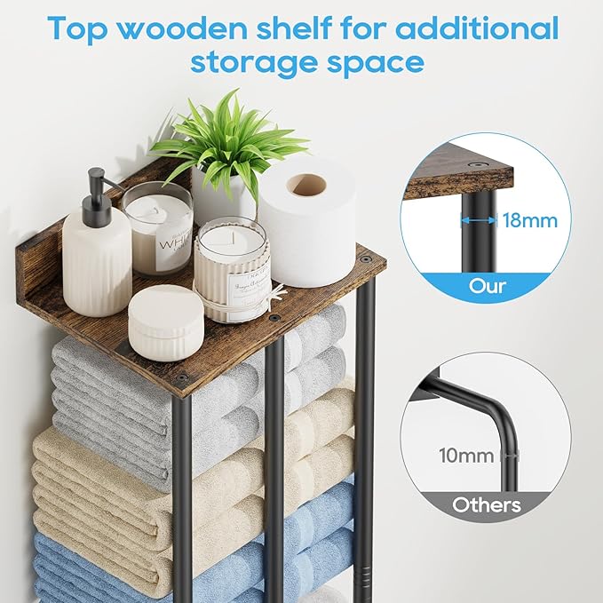 Towel Racks for Bathroom Wall Mounted with Wooden Storage Shelf, Updated 3 Bar Metal Towel Holder for Rolled Towels, Sturdy and Large Capacity, Towel Storage Organizer-Rustic
