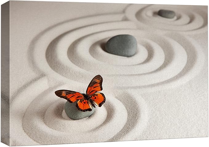 wall26 Canvas Print Wall Art Zen Garden with Stones & Monarch Butterfly Nature Wilderness Photography Realism Chic Scenic Relax/Calm Multicolor for Living Room, Bedroom, Office - 16"x24"