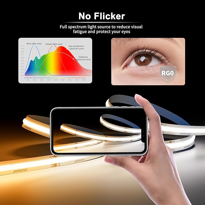 MIWISE COB LED Strip Light White LED Tape Lights 2700K-6500K 24V Color Changing Dimmable 20ft UL-Listed Super Bright with Remote & APP Control for Under Cabinets,Bedroom,Kitchen,Mirror,TV DIY Lighting