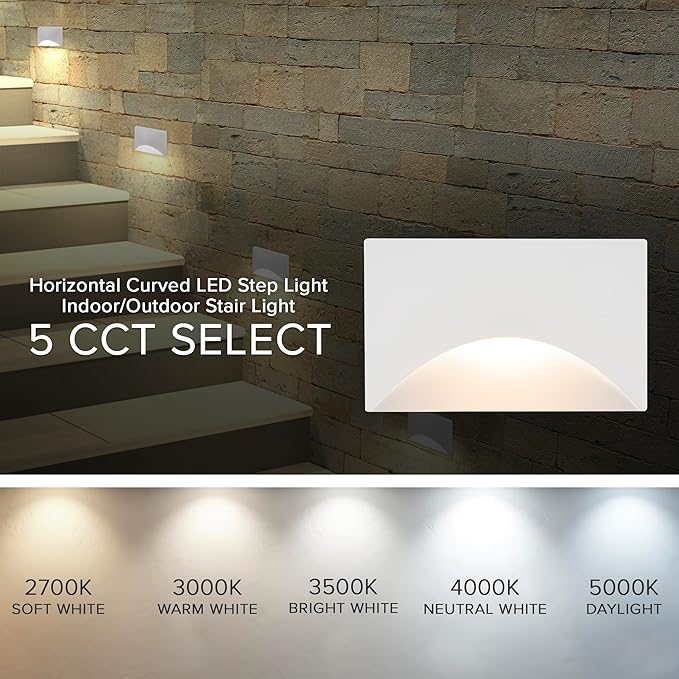Maxxima Horizontal Curved LED Step Light, Indoor/Outdoor Stair Light, 5 CCT Color Selectable 2700K, 3000K, 3500K, 4000K, 5000K, 85 Lumens, White, Rated for Outdoor & Damp Locations, 2-Pack