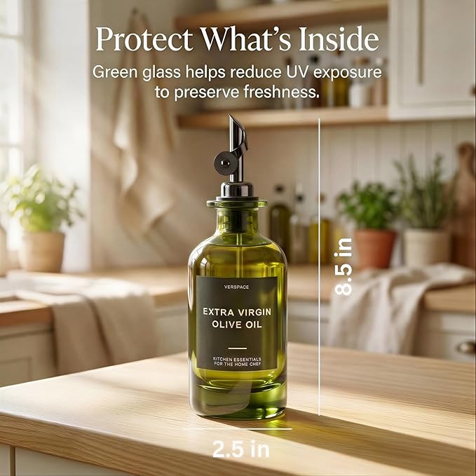 Verspace UV-Protected Green Glass Olive Oil Dispenser Bottles For Kitchen - Includes 40 Kitchen Essential Labels, Avocado Oil Dispenser Set, Modern Decor for Home, Airbnb, Cafe Set of 2
