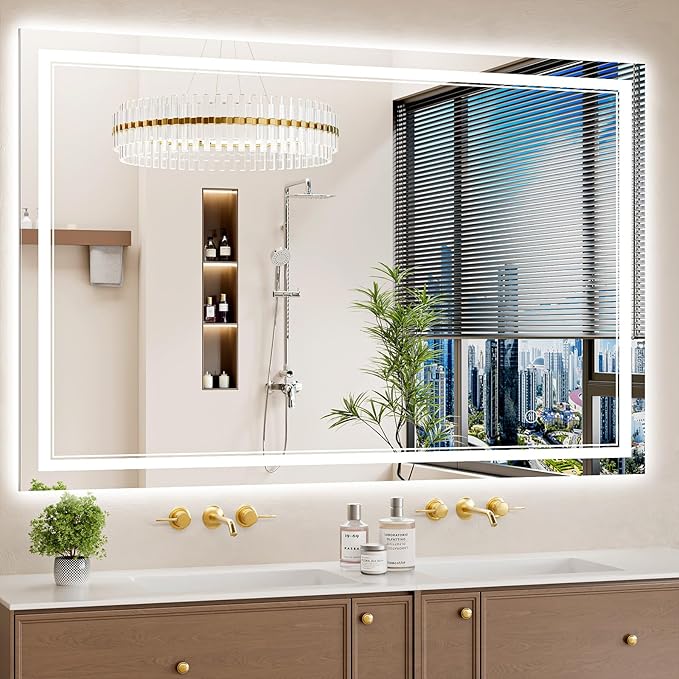 36"x55" LED Bathroom Mirror with Lights, Anti-Fog, Backlit + Front Lit, Dimmable, Led Vanity Mirror for Wall, Lighted Bathroom Mirror, 3 Colors, Shatter-Proof Tempered Glass