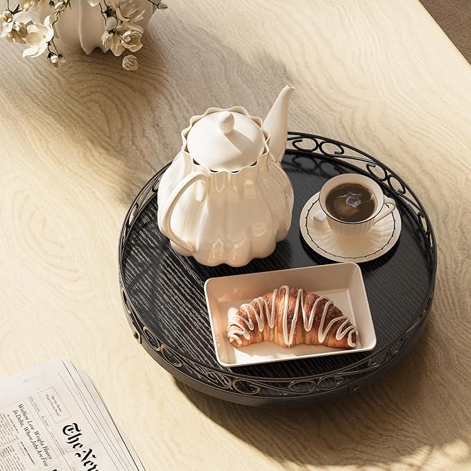 Yoobure 13" Lazy Susan Turntable for Cabinet - Farmhouse Wooden Round Tray for Table Top, 360° Rotating Lazy Susans Counter Organizer with Patterned Raised Edge for Kitchen Dining Table Decor, Black
