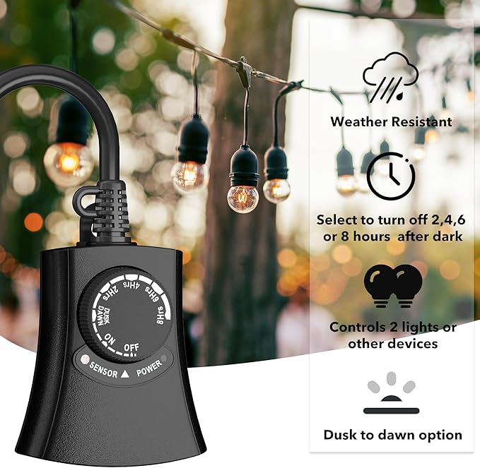 HBN Outdoor Light Timer Waterproof, Weatherproof Photocell Dusk to Dawn Light Sensor, 2/4/6/8 Countdown Timer, 2 Grounded Outlet for Christmas Lights，Hallowen Deceration，1875W 15A 1/2HP