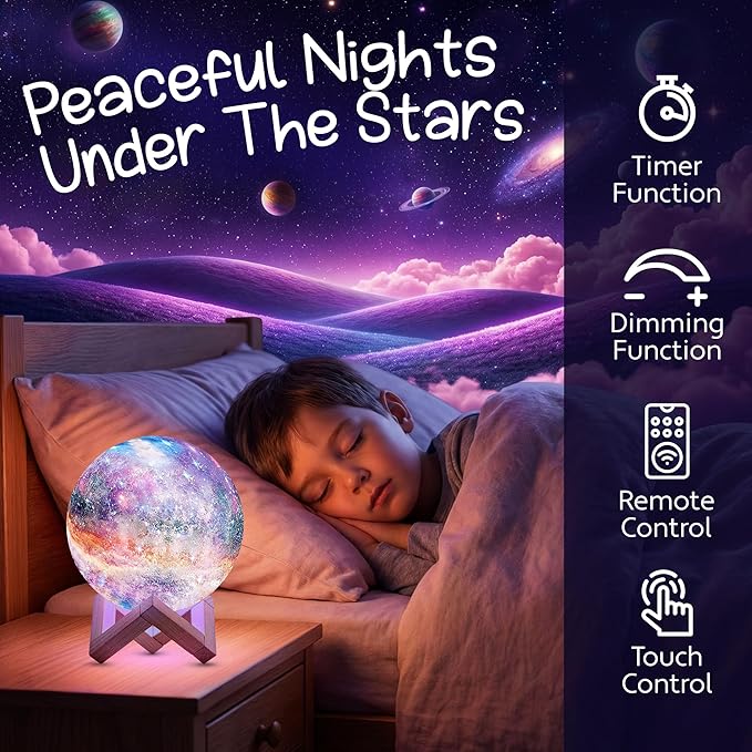 Mind-Glowing Galaxy Moon Lamp with Multi Colors, Touch/Remote, Wood Stand - Birthday Gift for Any Year Old Girls & Boys - Teen Girl Room Decor, Trendy Stuff - Cool Night Light for Kids (4.7 inch)