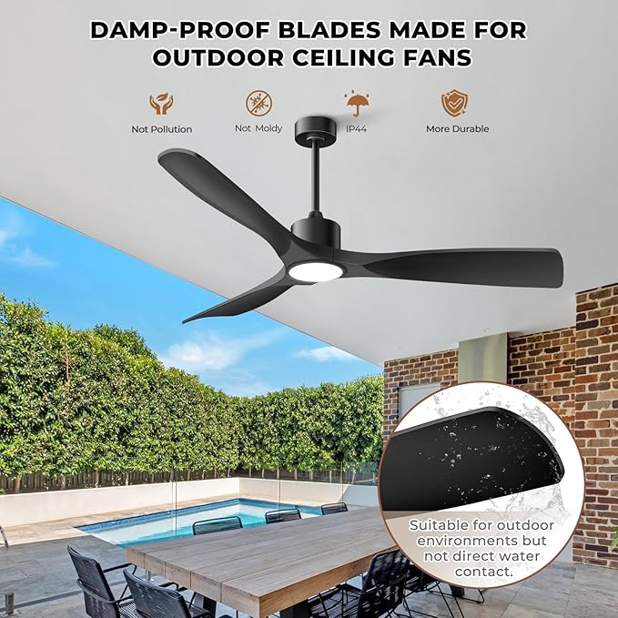 60" Smart Ceiling Fan with Lights,Outdoor Ceiling Fan 3 Blade,Compatible with Alexa/Gg/App/Remote,3-Color Light 6-Speed Quiet Reversible DC Motor for Patio,Black