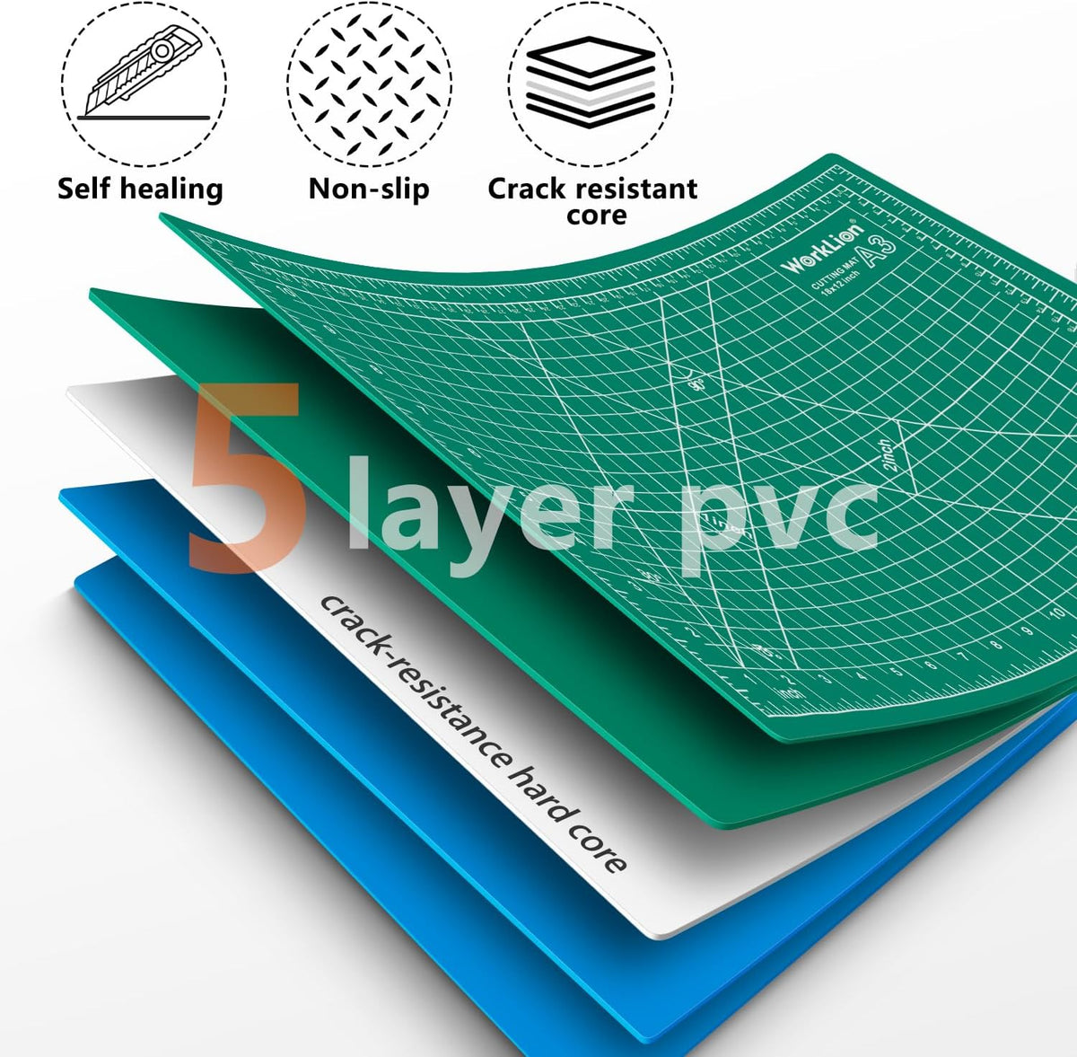 WORKLION Self Healing Cutting Mat - 12 x 18 inch Double Sided 5-layer Gridded Rotary PVC Cutting Board, for Sewing, Quilting, Scrapbooking and Arts & Crafts Projects (5 Pack)
