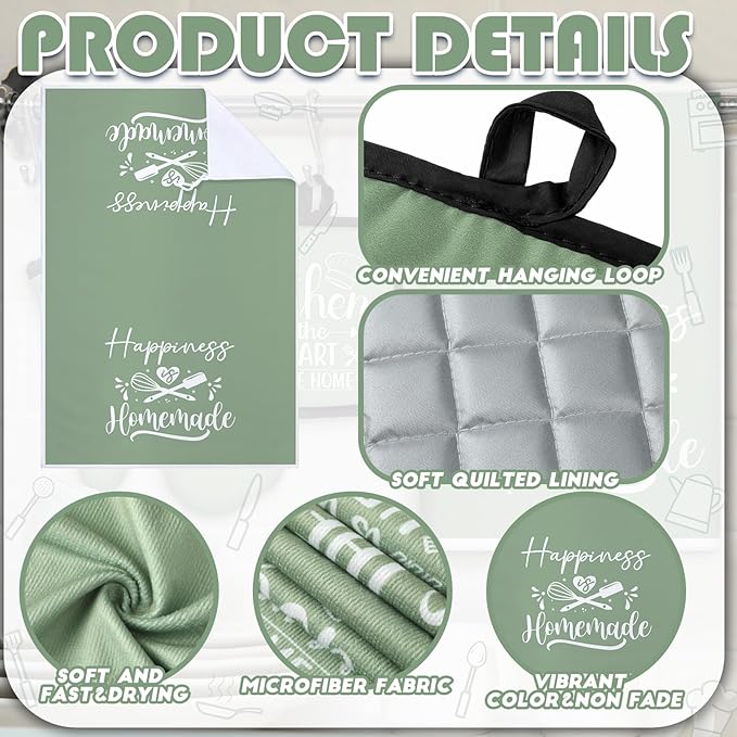 Sratte 6 Pcs Kitchen Decor Accessories Set Farmhouse Towels Pot Holders Oven Mitts Set 2 Dish Towels 2 Potholders 2 Cooking Mittens Oven Glove for Christmas Baking Cooking Supply(Sage Green,Kitchen)