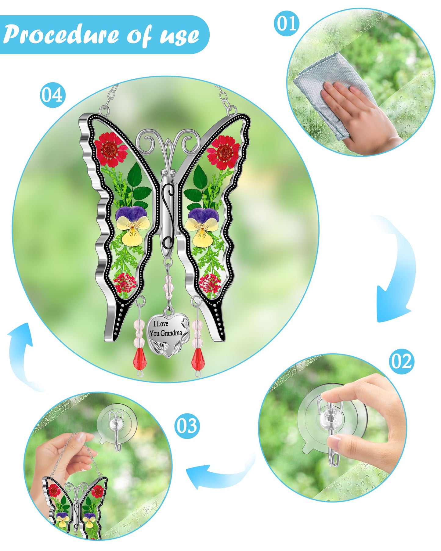 KY&BOSAM Gifts for Women I Love You Grandma Butterfly Suncatcher Stained Glass Suncatchers for Window Hanging Home Decor Garden Wind Chimes Birthday Gifts for Women Mothers Day Valentine's