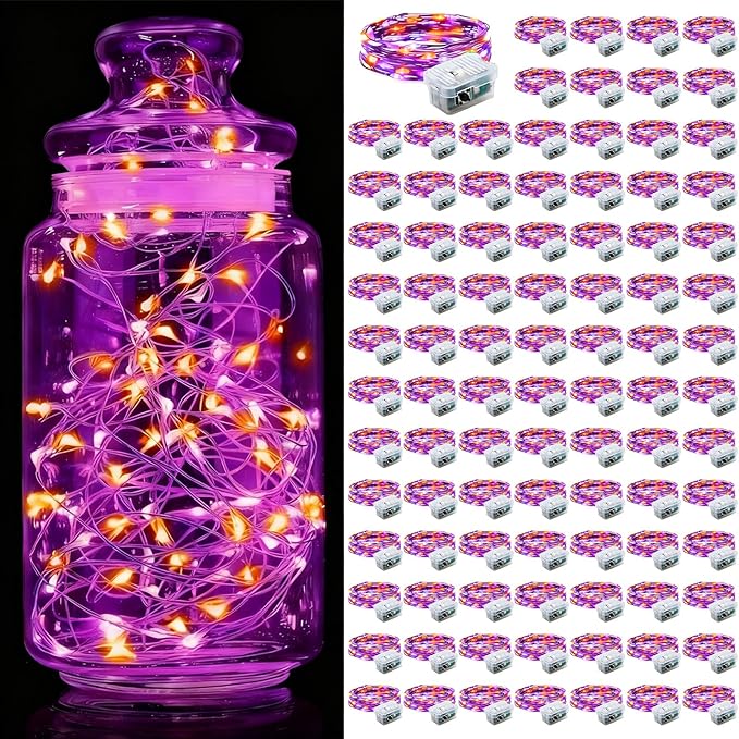 Aogist 100 Pack Fairy Lights 3 Modes 7ft 20 LED Waterproof,Battery Operated Silver Wire Firefly Starry Moon Mini String Lights for Mason Jars Christmas DIY Crafts Wedding Party Bedroom,Orange&Purple