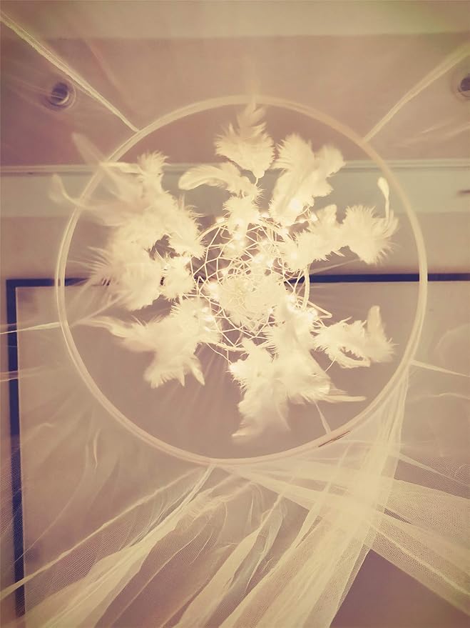 Bed Canopy with Double Circle White Feather Dream Catcher and 50 LED Fairy String Lights, Mosquito Net - Unique Style Dome Bed Netting Canopy Curtains Canopy - Suggested for Twin Full Queen King Bed